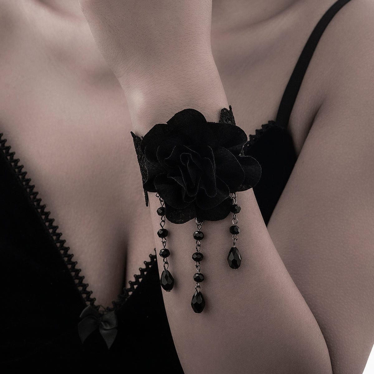 Gothic Velvet Rose Crystal Tassel Lace Bracelet