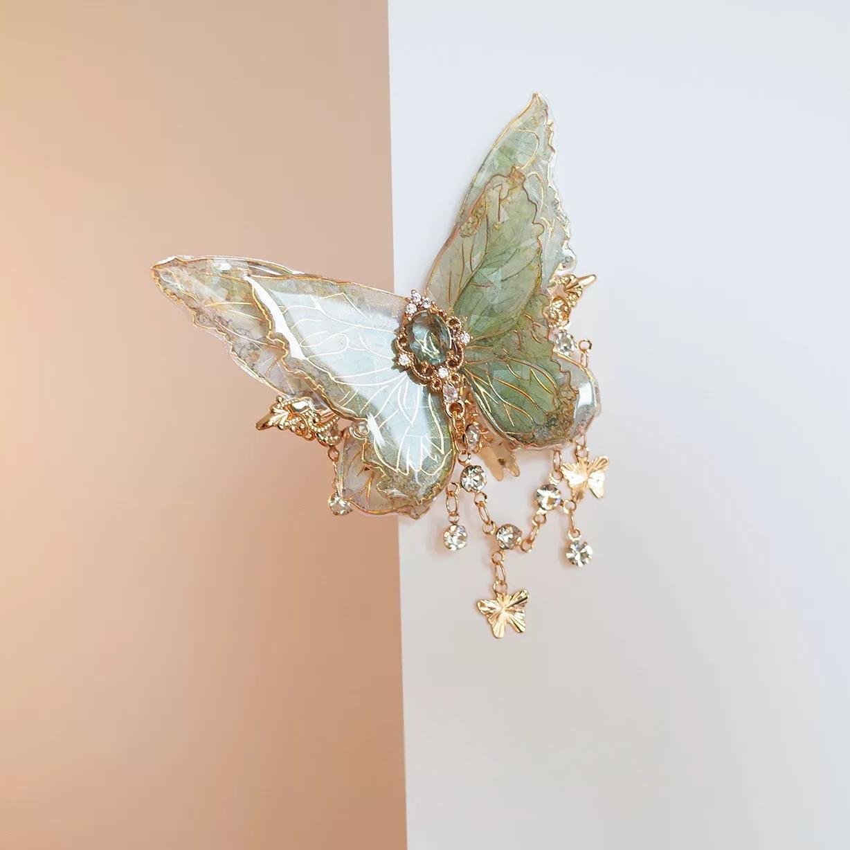 Gradient Double - Layer Butterfly Rhinestone Tassel Resin Hair Clip - ArtGalleryZen