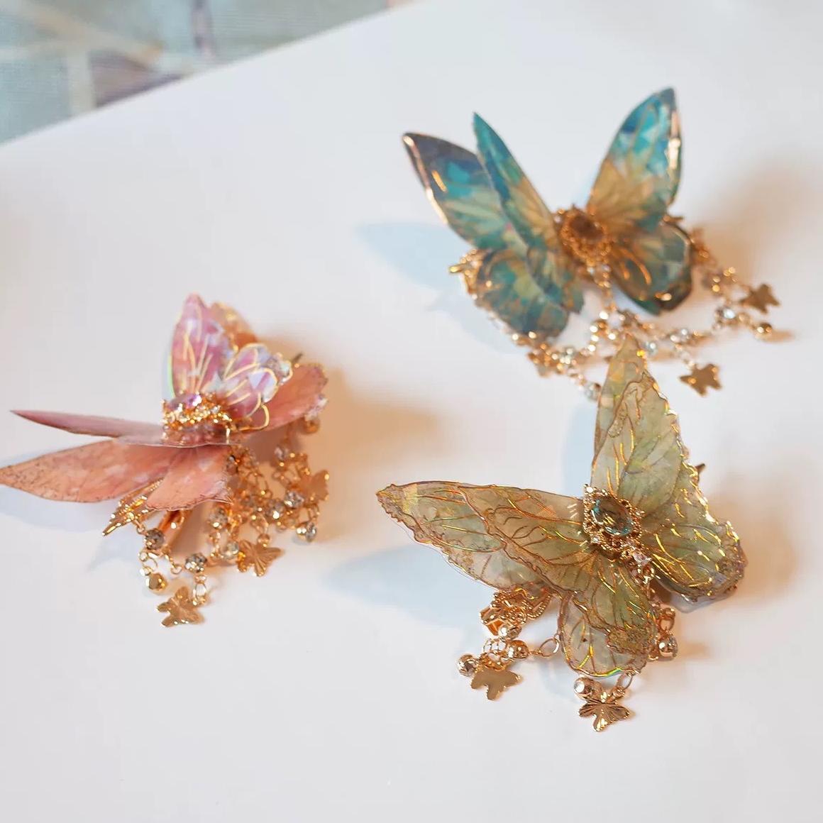 Gradient Double - Layer Butterfly Rhinestone Tassel Resin Hair Clip - ArtGalleryZen