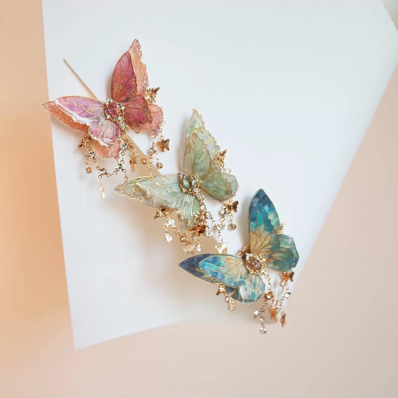 Gradient Double - Layer Butterfly Rhinestone Tassel Resin Hair Clip - ArtGalleryZen
