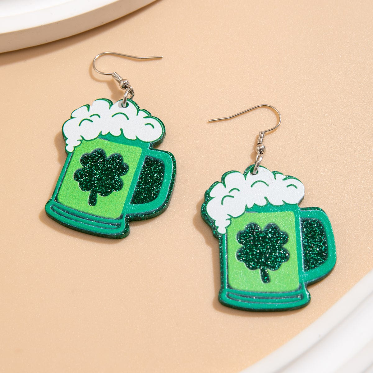 Sparkling Lucky Clover Beer Dangle Earrings - ArtGalleryZen