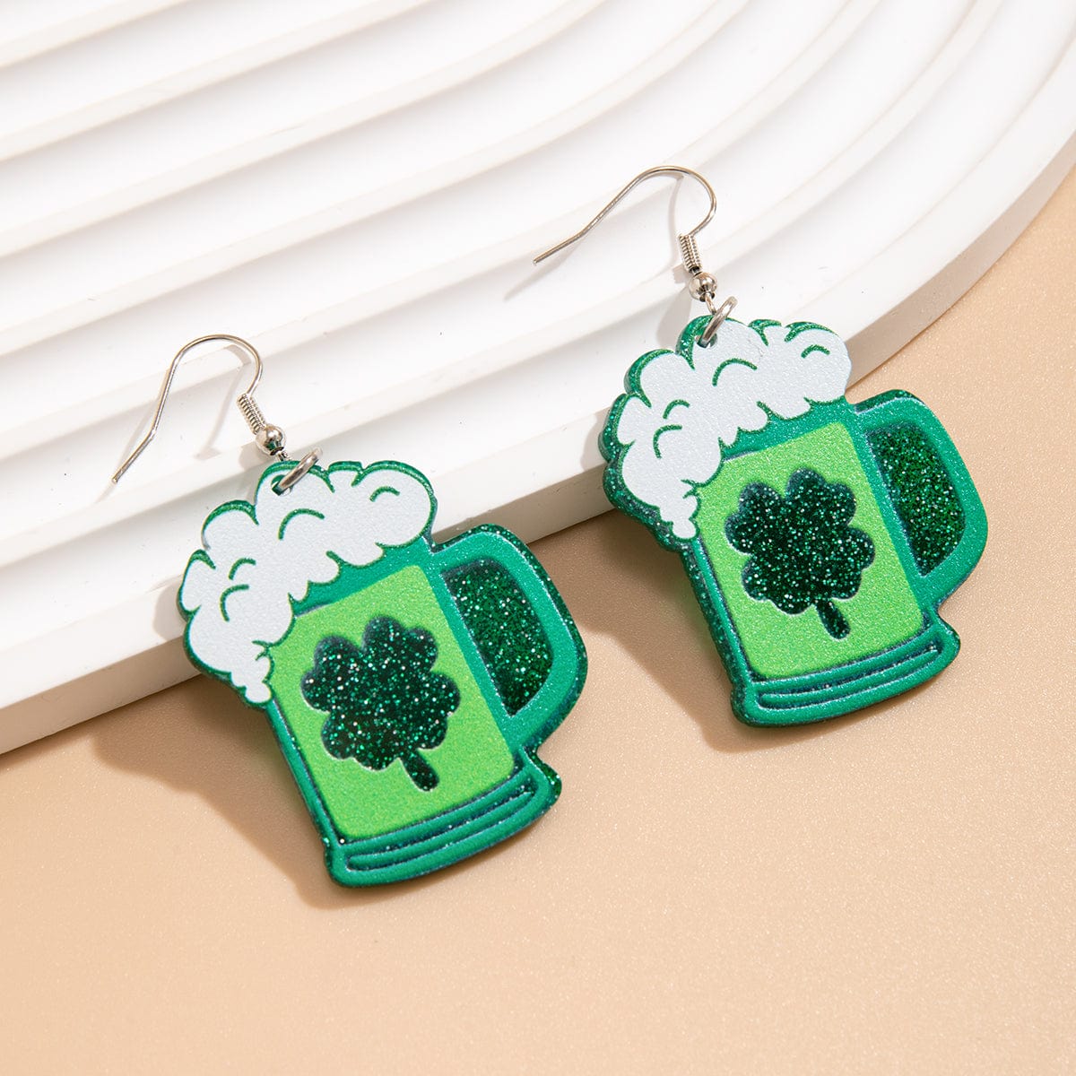 Sparkling Lucky Clover Beer Dangle Earrings - ArtGalleryZen