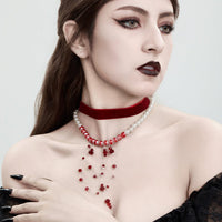 Thumbnail for Halloween 2Pcs Blood Drop Crystal Tassel Pearl Chain Velvet Choker Necklace Set - ArtGalleryZen