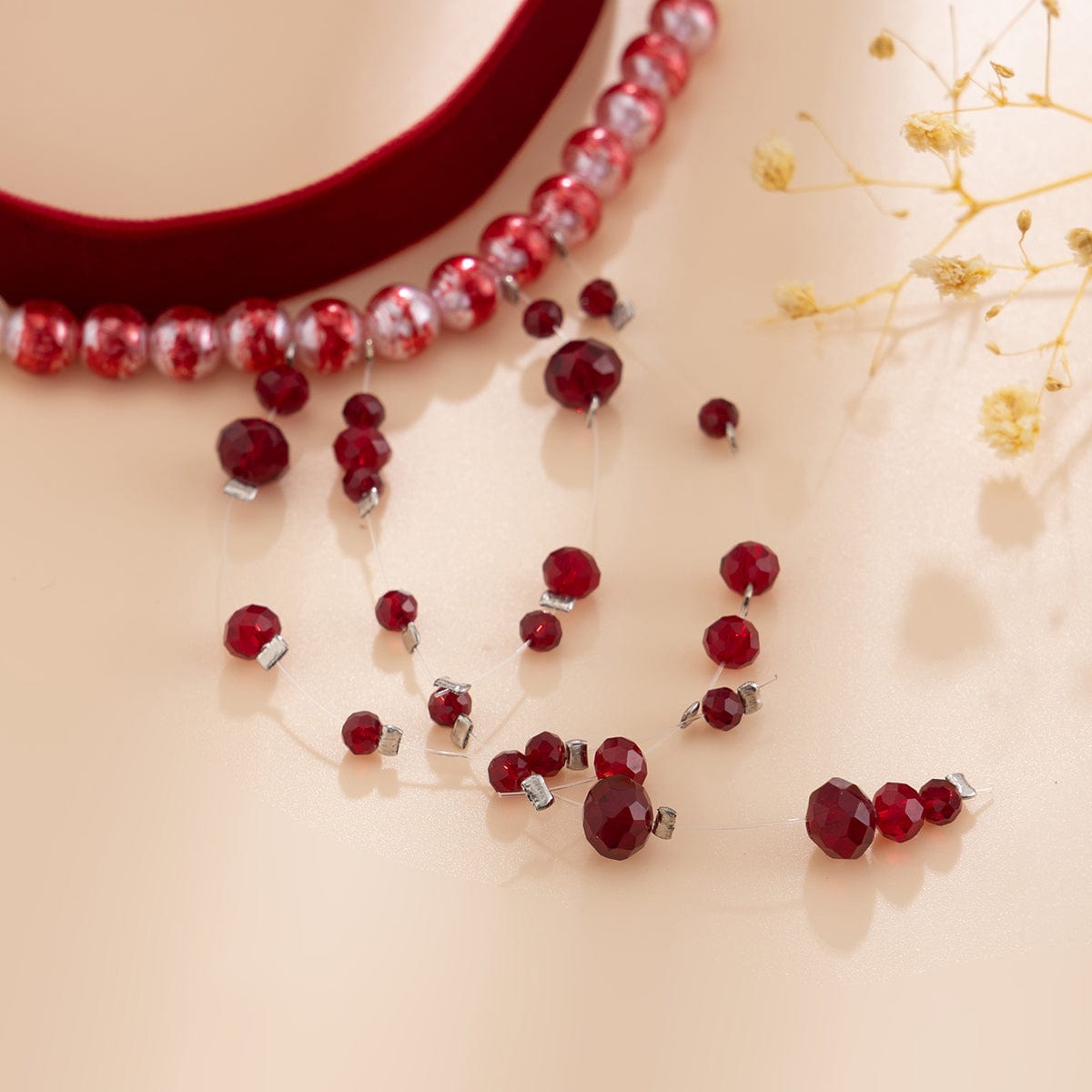 Halloween 2Pcs Blood Drop Crystal Tassel Pearl Chain Velvet Choker Necklace Set - ArtGalleryZen