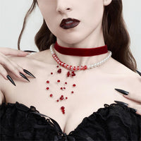 Thumbnail for Halloween 2Pcs Blood Drop Crystal Tassel Pearl Chain Velvet Choker Necklace Set