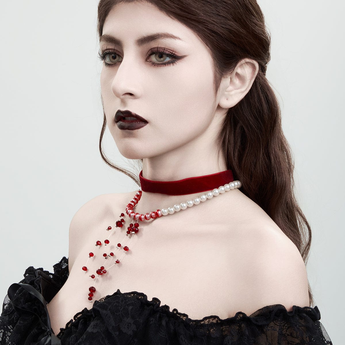 Halloween 2Pcs Blood Drop Crystal Tassel Pearl Chain Velvet Choker Necklace Set