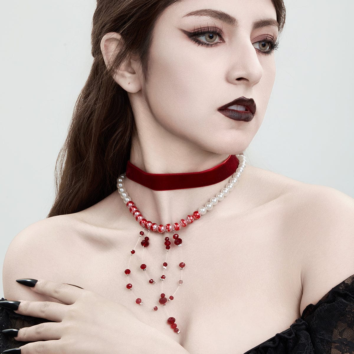 Halloween 2Pcs Blood Drop Crystal Tassel Pearl Chain Velvet Choker Necklace Set