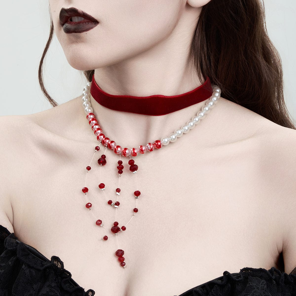 Halloween 2Pcs Blood Drop Crystal Tassel Pearl Chain Velvet Choker Necklace Set