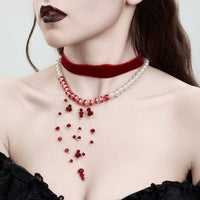 Thumbnail for Halloween 2Pcs Blood Drop Crystal Tassel Pearl Chain Velvet Choker Necklace Set