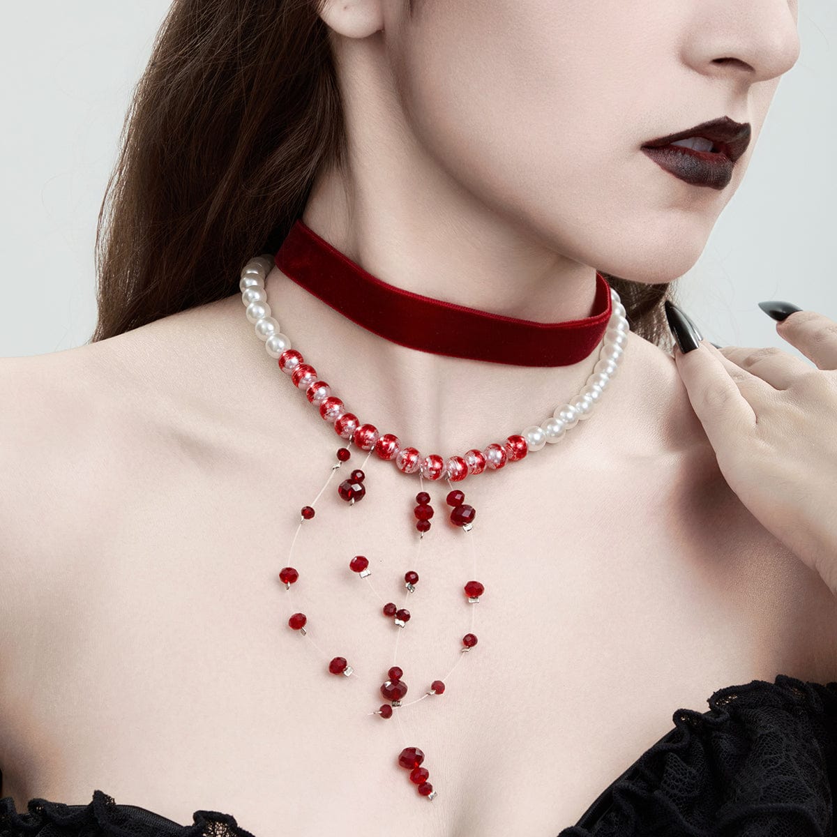 Halloween 2Pcs Blood Drop Crystal Tassel Pearl Chain Velvet Choker Necklace Set