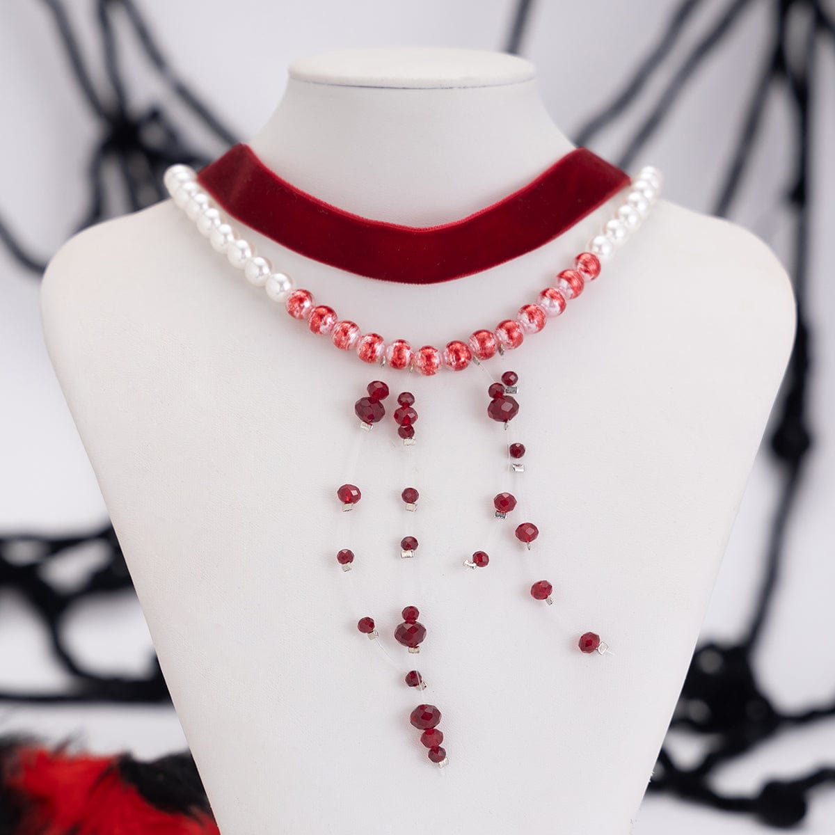 Halloween 2Pcs Blood Drop Crystal Tassel Pearl Chain Velvet Choker Necklace Set