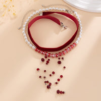 Thumbnail for Halloween 2Pcs Blood Drop Crystal Tassel Pearl Chain Velvet Choker Necklace Set