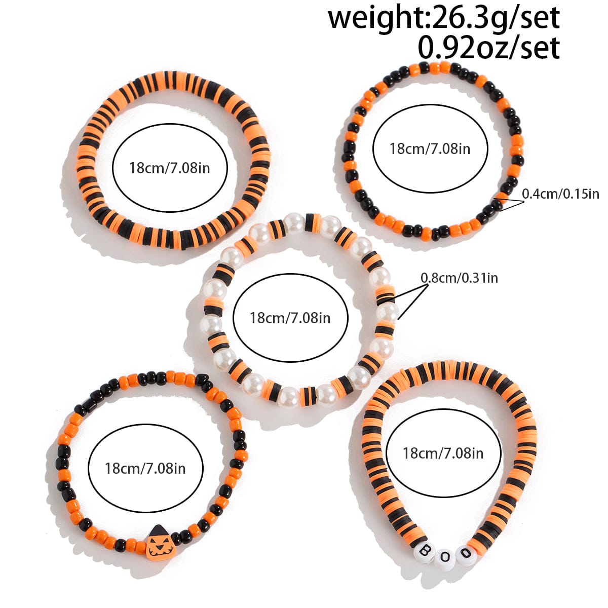 Halloween 5Pcs Pumpkin Charm Pearl Letter Clay Chain Bracelet Set - ArtGalleryZen