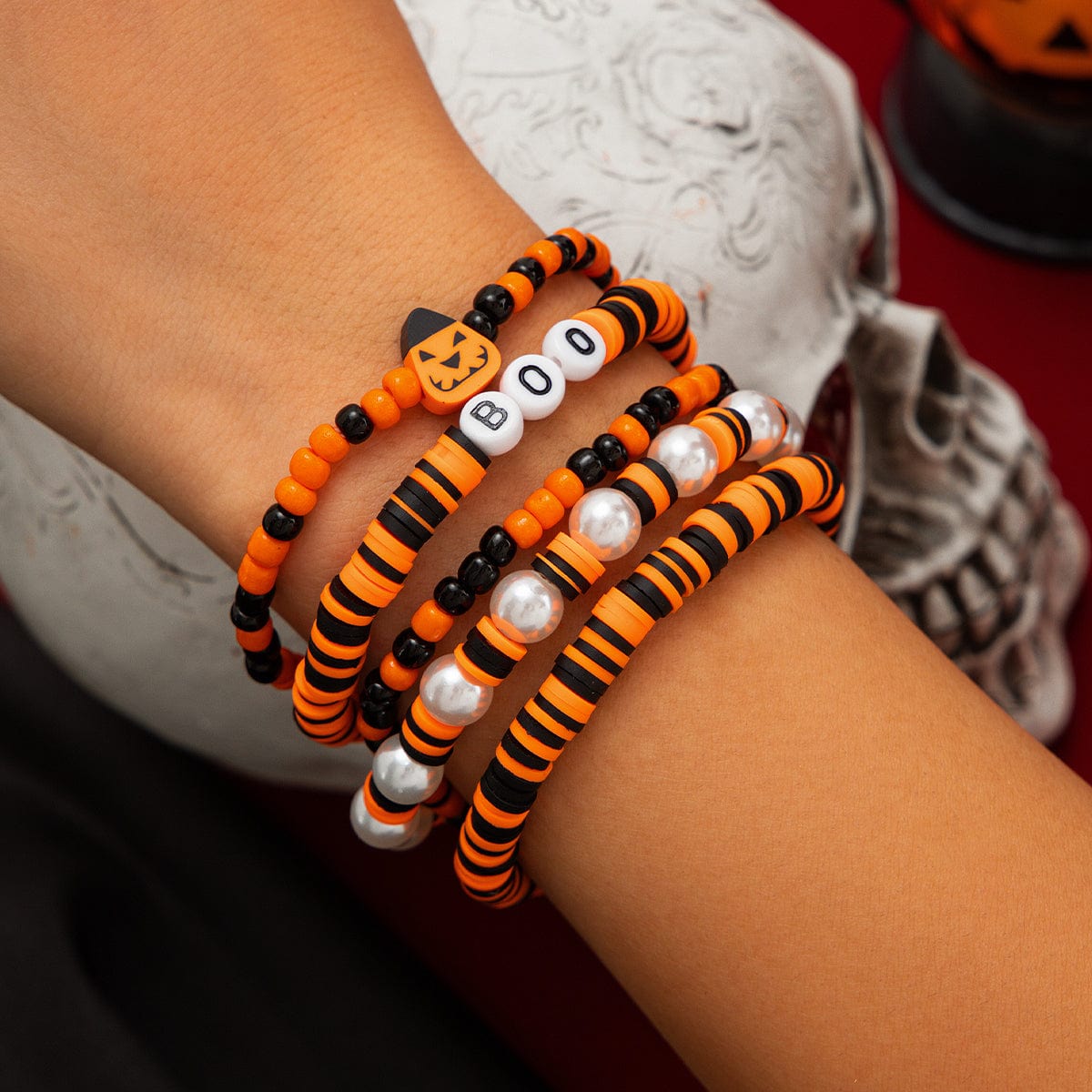 Halloween 5Pcs Pumpkin Charm Pearl Letter Clay Chain Bracelet Set