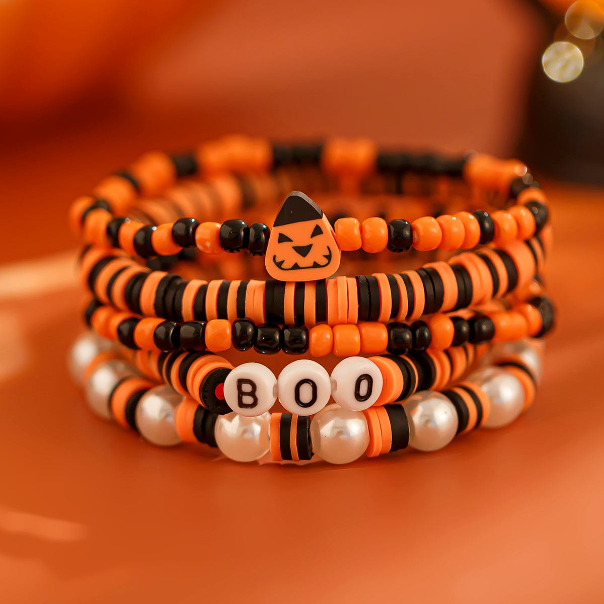 Halloween 5Pcs Pumpkin Charm Pearl Letter Clay Chain Bracelet Set