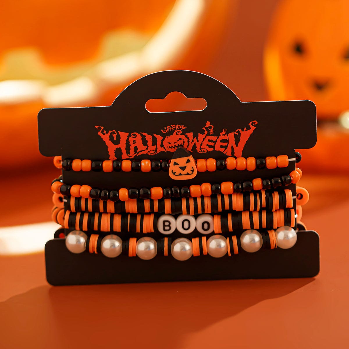 Halloween 5Pcs Pumpkin Charm Pearl Letter Clay Chain Bracelet Set