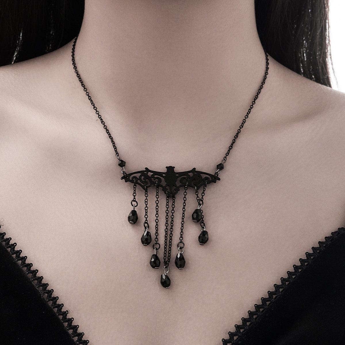 Halloween Bat Crystal Tassel Necklace