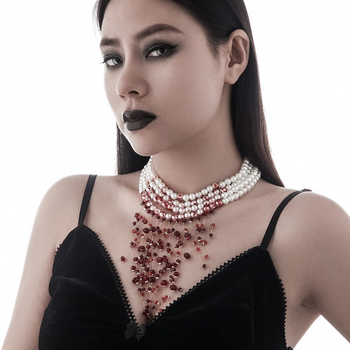 Halloween Chunky Crystal Tassel Dripping Blood Pearl Chain Choker Necklace