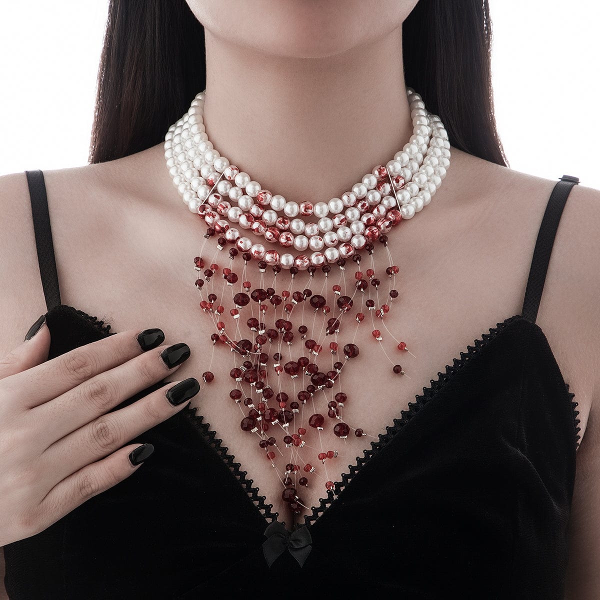 Halloween Chunky Crystal Tassel Dripping Blood Pearl Chain Choker Necklace