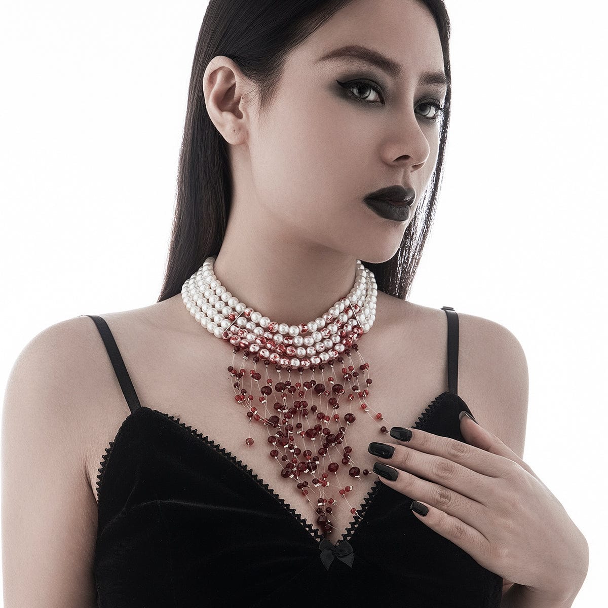 Halloween Chunky Crystal Tassel Dripping Blood Pearl Chain Choker Necklace