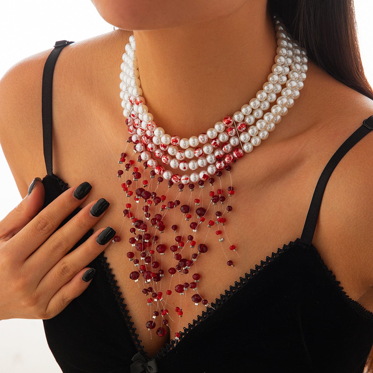 Halloween Chunky Crystal Tassel Dripping Blood Pearl Chain Choker Necklace