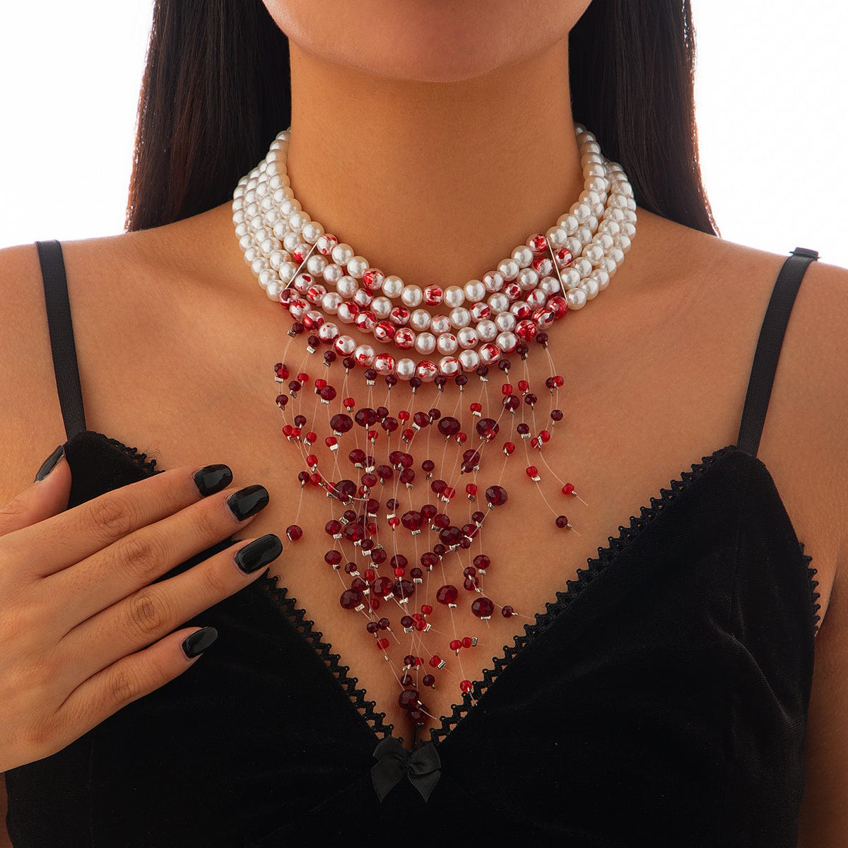 Halloween Chunky Crystal Tassel Dripping Blood Pearl Chain Choker Necklace