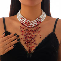 Thumbnail for Halloween Chunky Crystal Tassel Dripping Blood Pearl Chain Choker Necklace