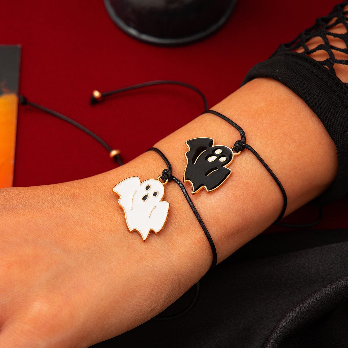 Halloween Cute Ghost Pendant Wax Cord Bracelet Set