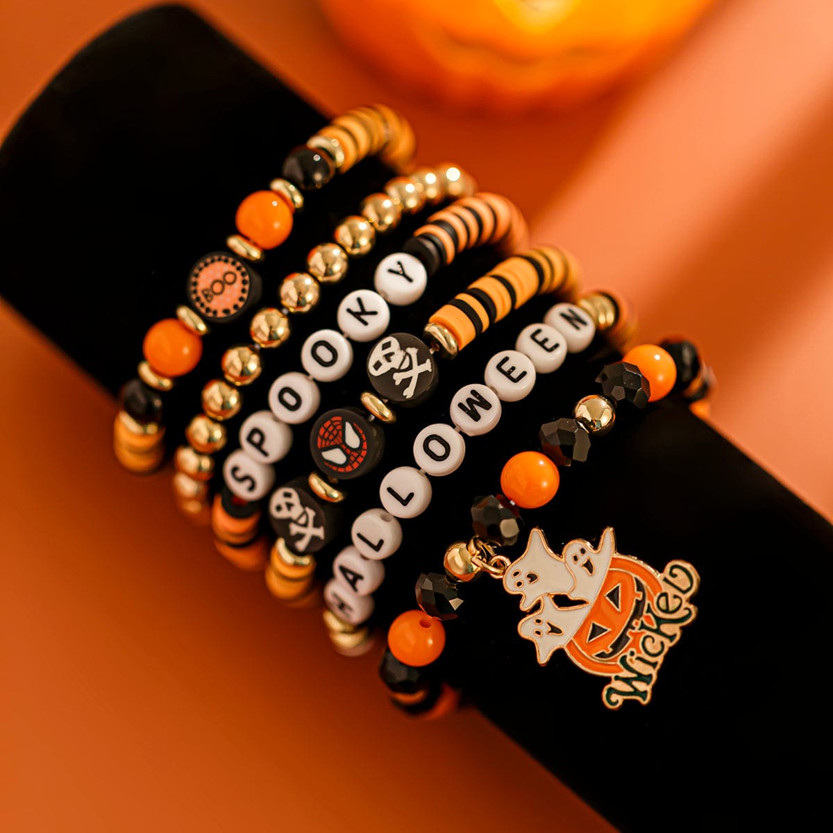 Halloween Layered Pumpkin Ghost Spider Man Charm Strench Bracelet Set - ArtGalleryZen