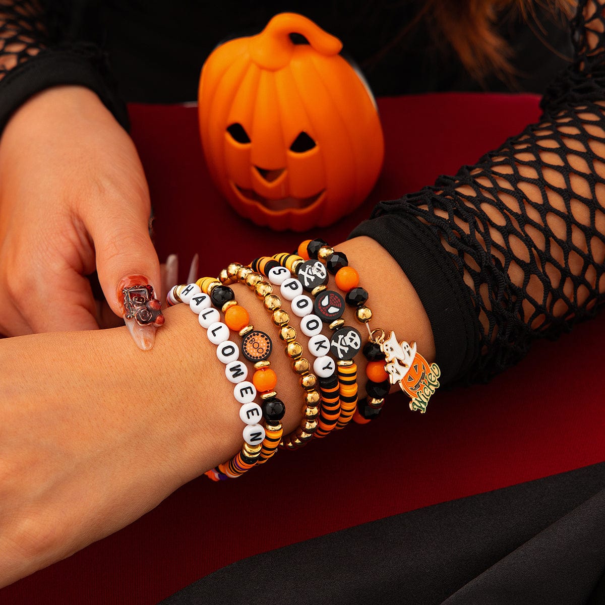 Halloween Layered Pumpkin Ghost Spider Man Charm Strench Bracelet Set