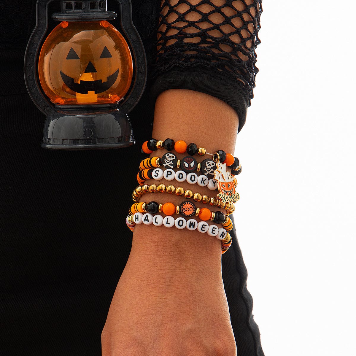 Halloween Layered Pumpkin Ghost Spider Man Charm Strench Bracelet Set