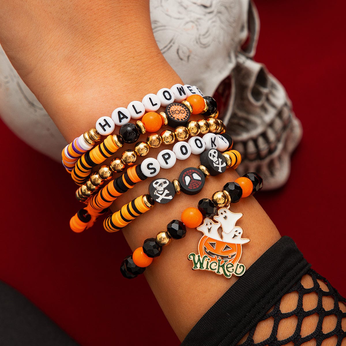 Halloween Layered Pumpkin Ghost Spider Man Charm Strench Bracelet Set