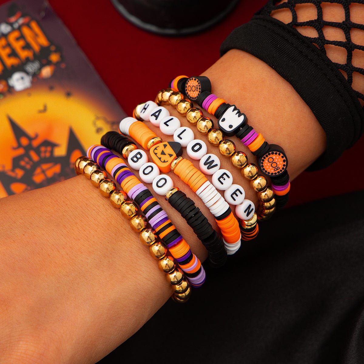 Halloween Layered Pumpkin Ghost Spider Man Charm Strench Bracelet Set