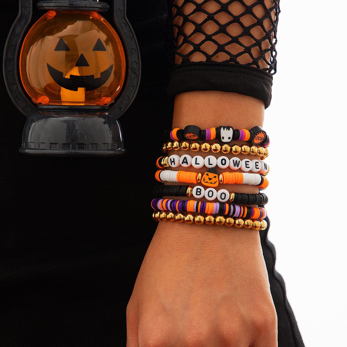 Halloween Layered Pumpkin Ghost Spider Man Charm Strench Bracelet Set