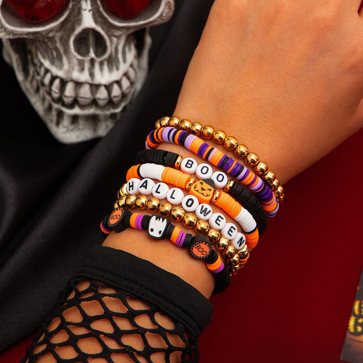 Halloween Layered Pumpkin Ghost Spider Man Charm Strench Bracelet Set