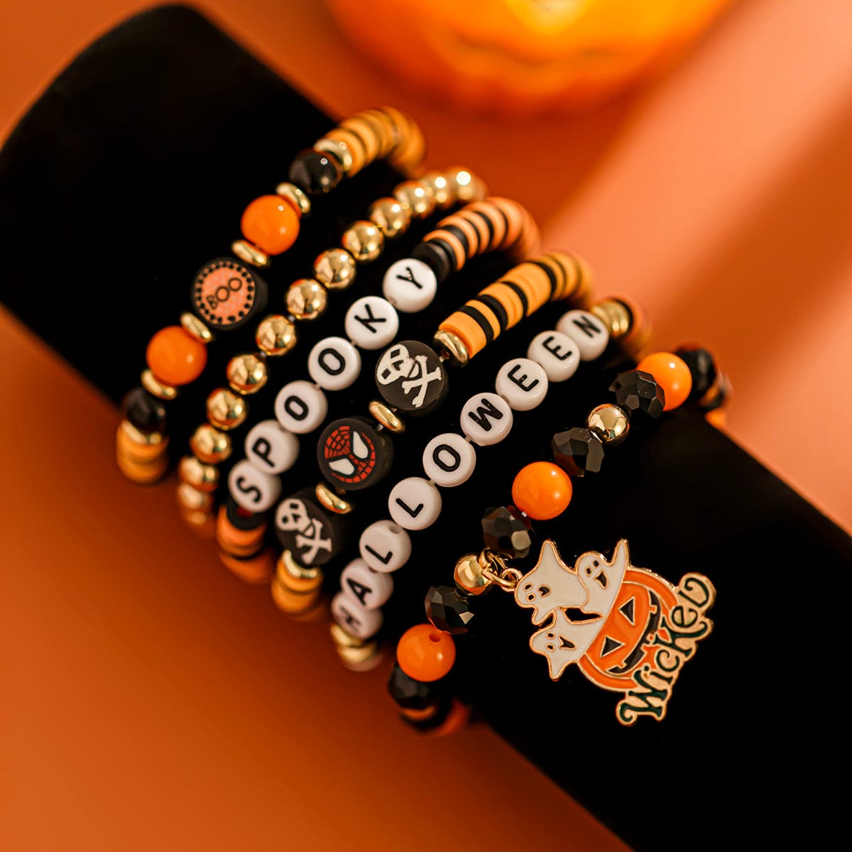 Halloween Layered Pumpkin Ghost Spider Man Charm Strench Bracelet Set