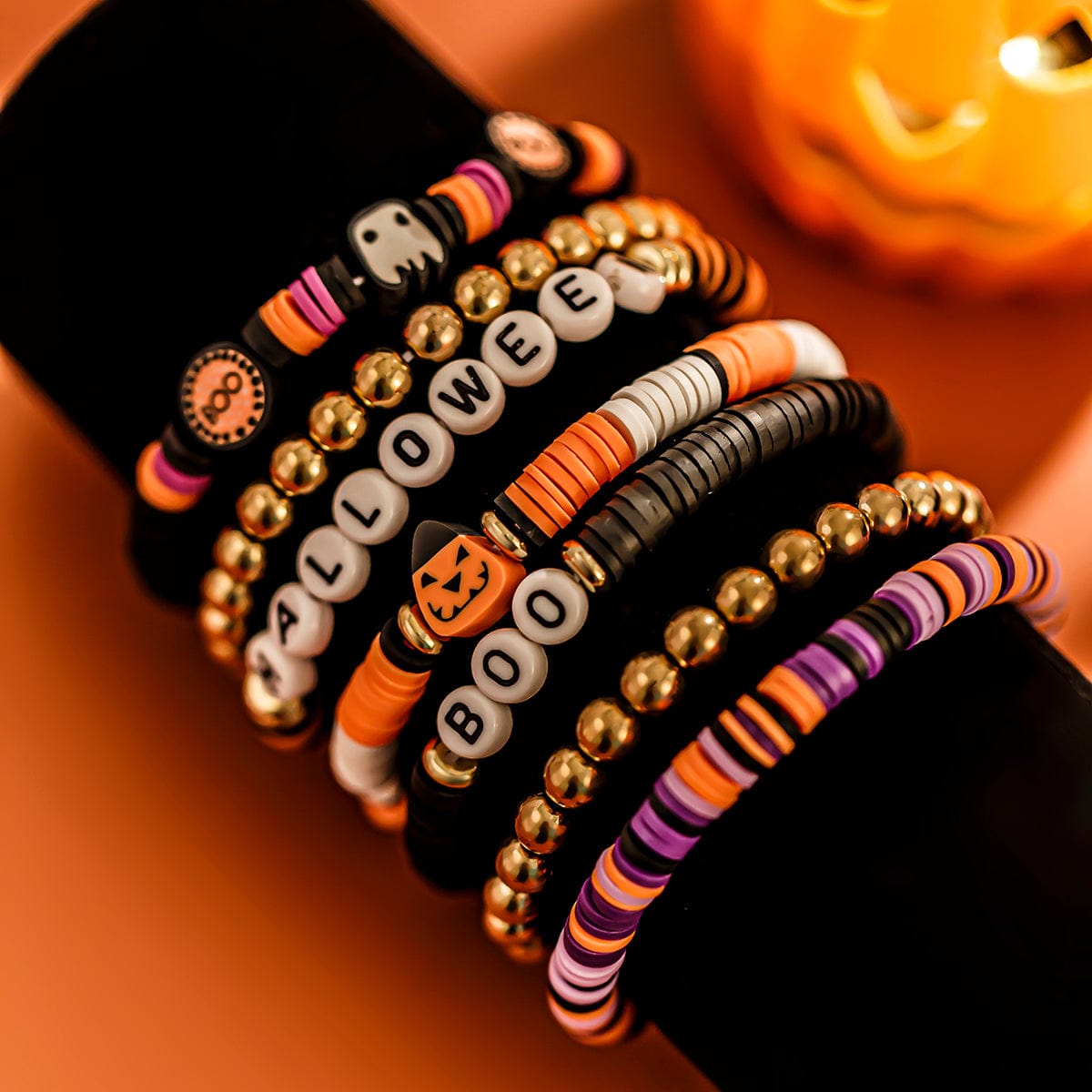 Halloween Layered Pumpkin Ghost Spider Man Charm Strench Bracelet Set