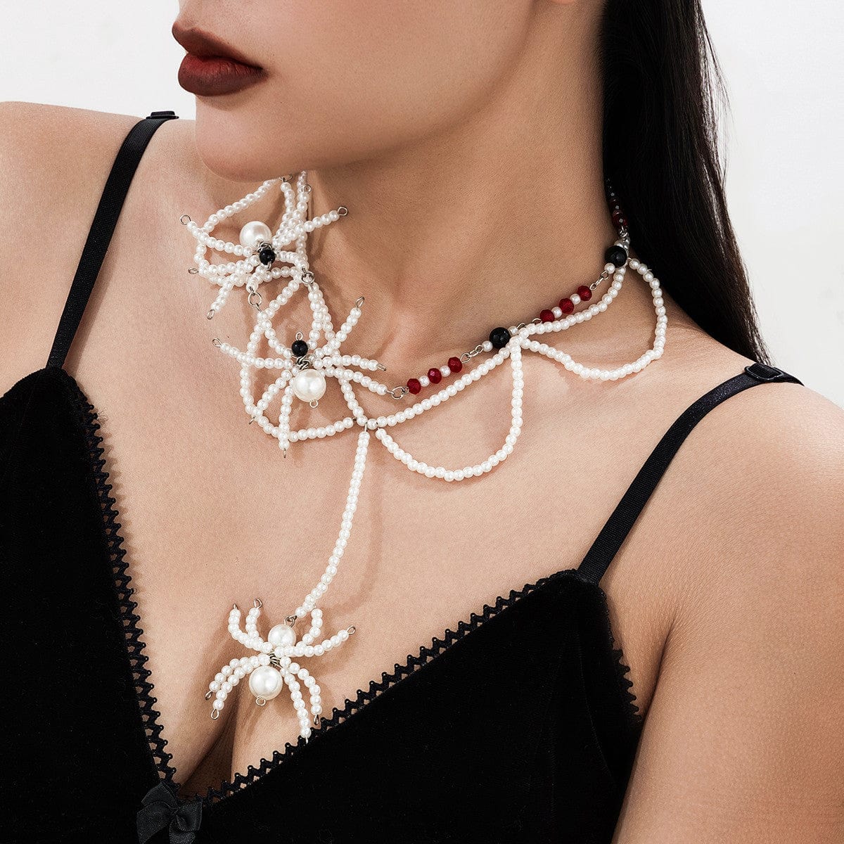 Halloween Layered Spider Pendant Crystal Pearl Chain Y Necklace - ArtGalleryZen