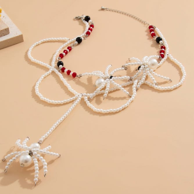 Halloween Layered Spider Pendant Crystal Pearl Chain Y Necklace - ArtGalleryZen