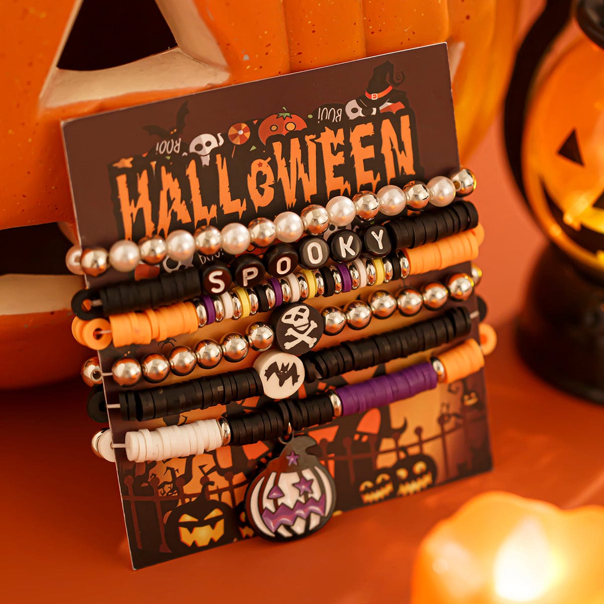 Halloween Theme 6Pcs Pumpkin Vampire Ghost Charm Beaded Stretch Bracelet Set - ArtGalleryZen