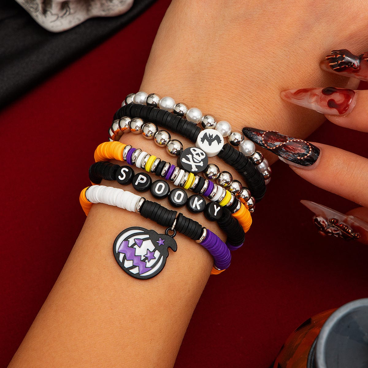 Halloween Theme 6Pcs Pumpkin Vampire Ghost Charm Beaded Stretch Bracelet Set - ArtGalleryZen