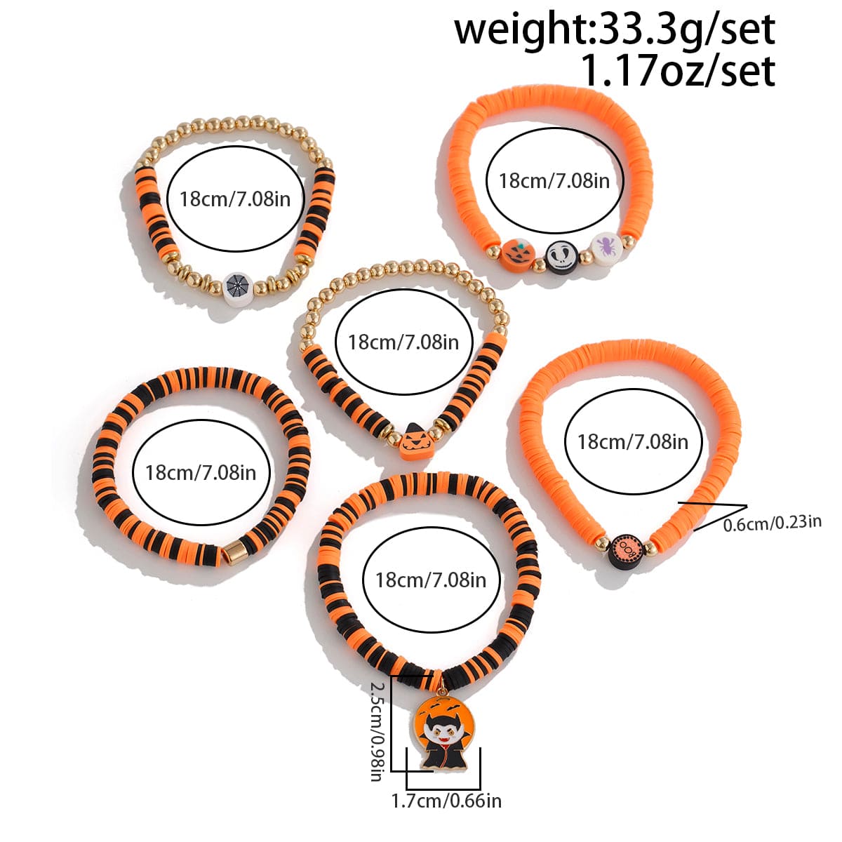 Halloween Theme 6Pcs Pumpkin Vampire Ghost Charm Beaded Stretch Bracelet Set - ArtGalleryZen