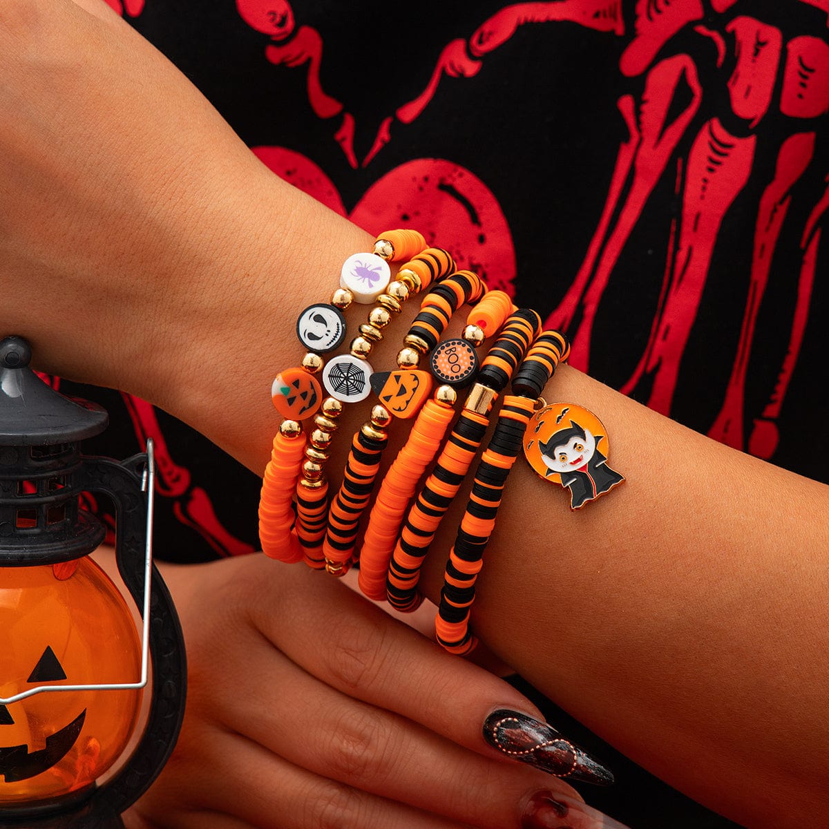 Halloween Theme 6Pcs Pumpkin Vampire Ghost Charm Beaded Stretch Bracelet Set