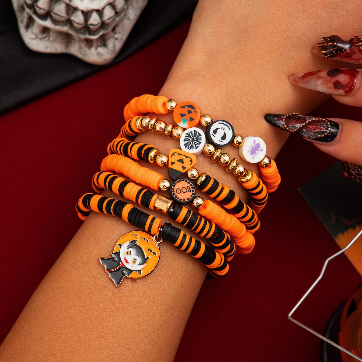 Halloween Theme 6Pcs Pumpkin Vampire Ghost Charm Beaded Stretch Bracelet Set