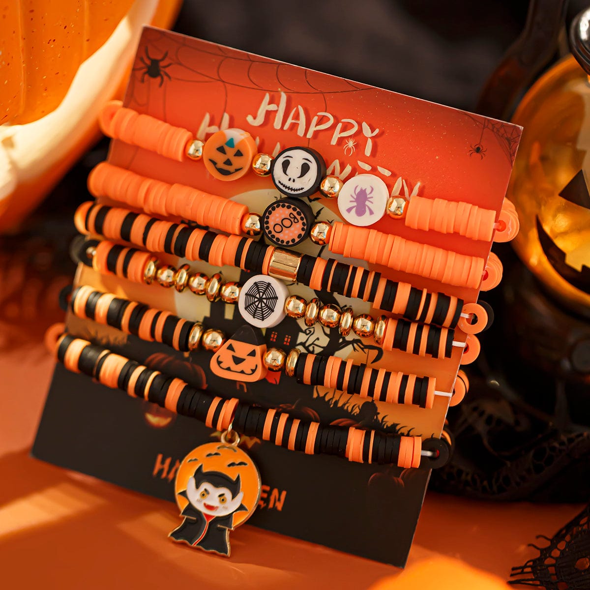 Halloween Theme 6Pcs Pumpkin Vampire Ghost Charm Beaded Stretch Bracelet Set