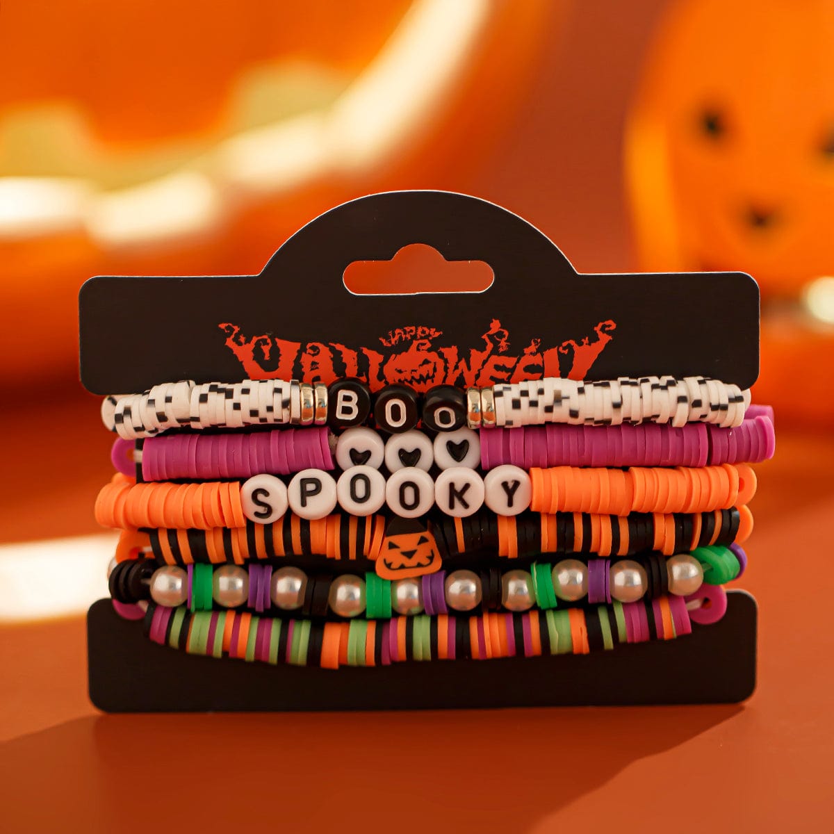 Halloween Theme 6Pcs Pumpkin Vampire Ghost Charm Beaded Stretch Bracelet Set