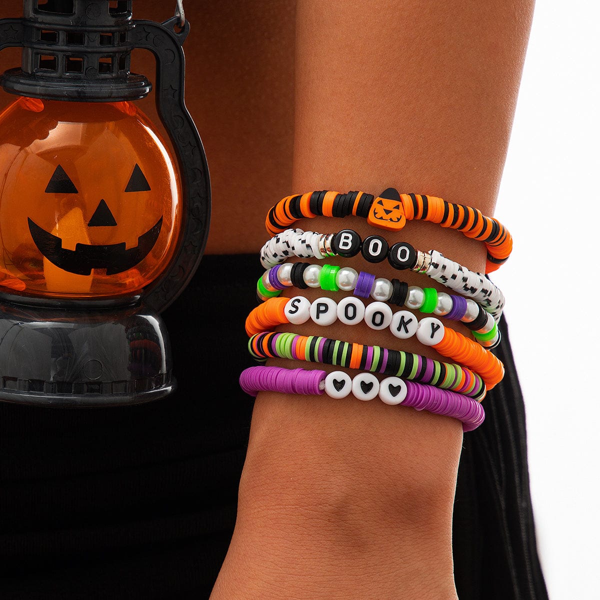 Halloween Theme 6Pcs Pumpkin Vampire Ghost Charm Beaded Stretch Bracelet Set