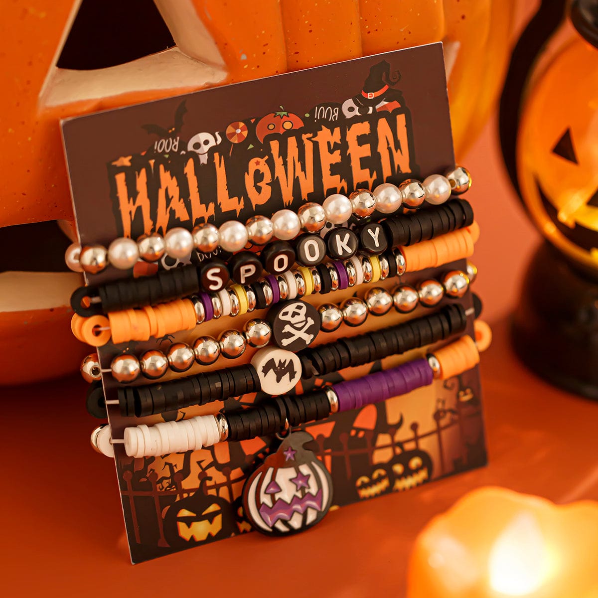 Halloween Theme 6Pcs Pumpkin Vampire Ghost Charm Beaded Stretch Bracelet Set