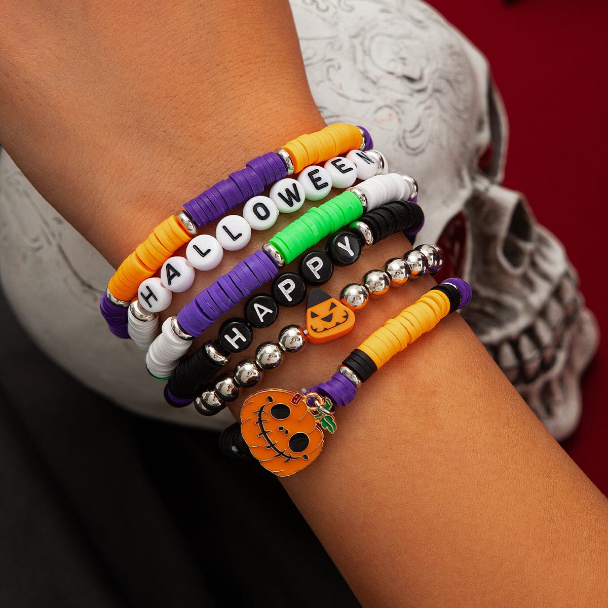 Halloween Theme 6Pcs Pumpkin Vampire Ghost Charm Beaded Stretch Bracelet Set