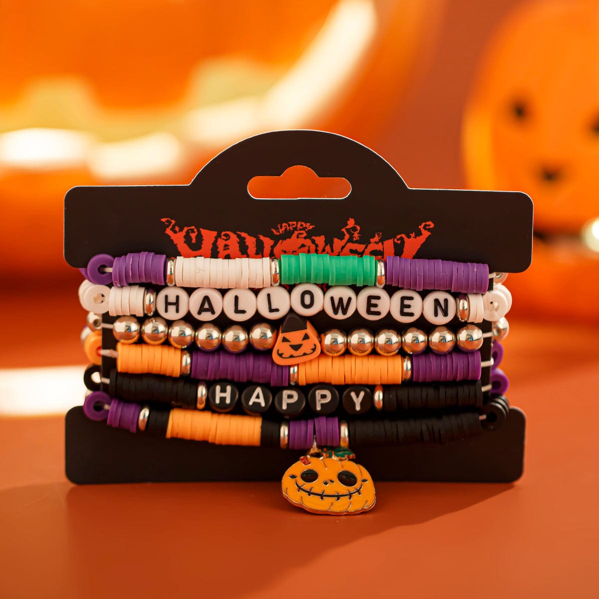 Halloween Theme 6Pcs Pumpkin Vampire Ghost Charm Beaded Stretch Bracelet Set